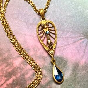 Vintage necklace lavalier dainty blue gem necklace gold tone Art Nouveau